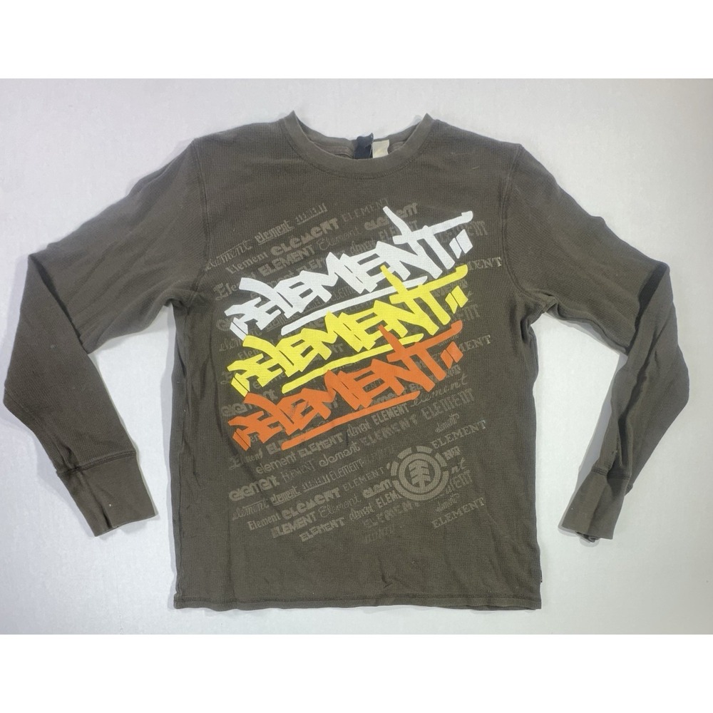 Element Thermal Shirt L Brown Long Sleeve Graffiti Logo Skate Tee Waffle Knit